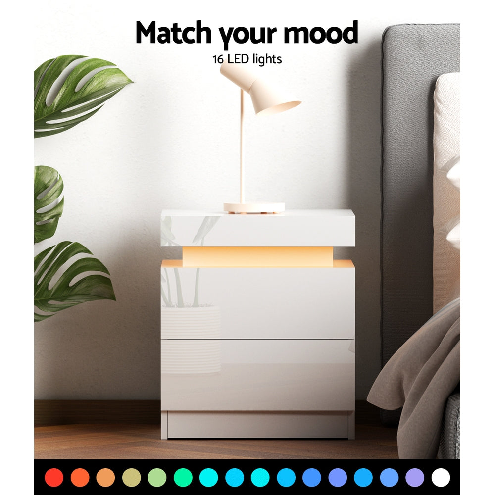 LED Bedside Table with 2 Lift-Up Drawers (White)