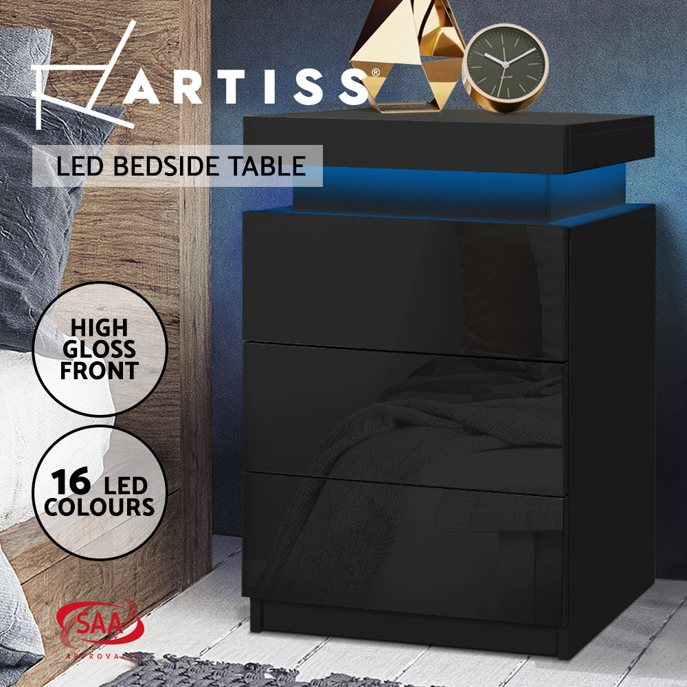 Black Bedside Table Side Table 3 Drawers RGB LED High Gloss Nightstand Storage