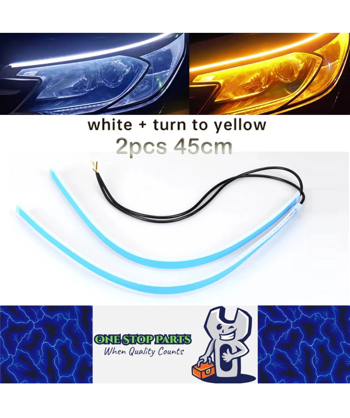 2 x 60cm Car LED DRL Daytime Running Lights Flexible Strip Light White to Yellow