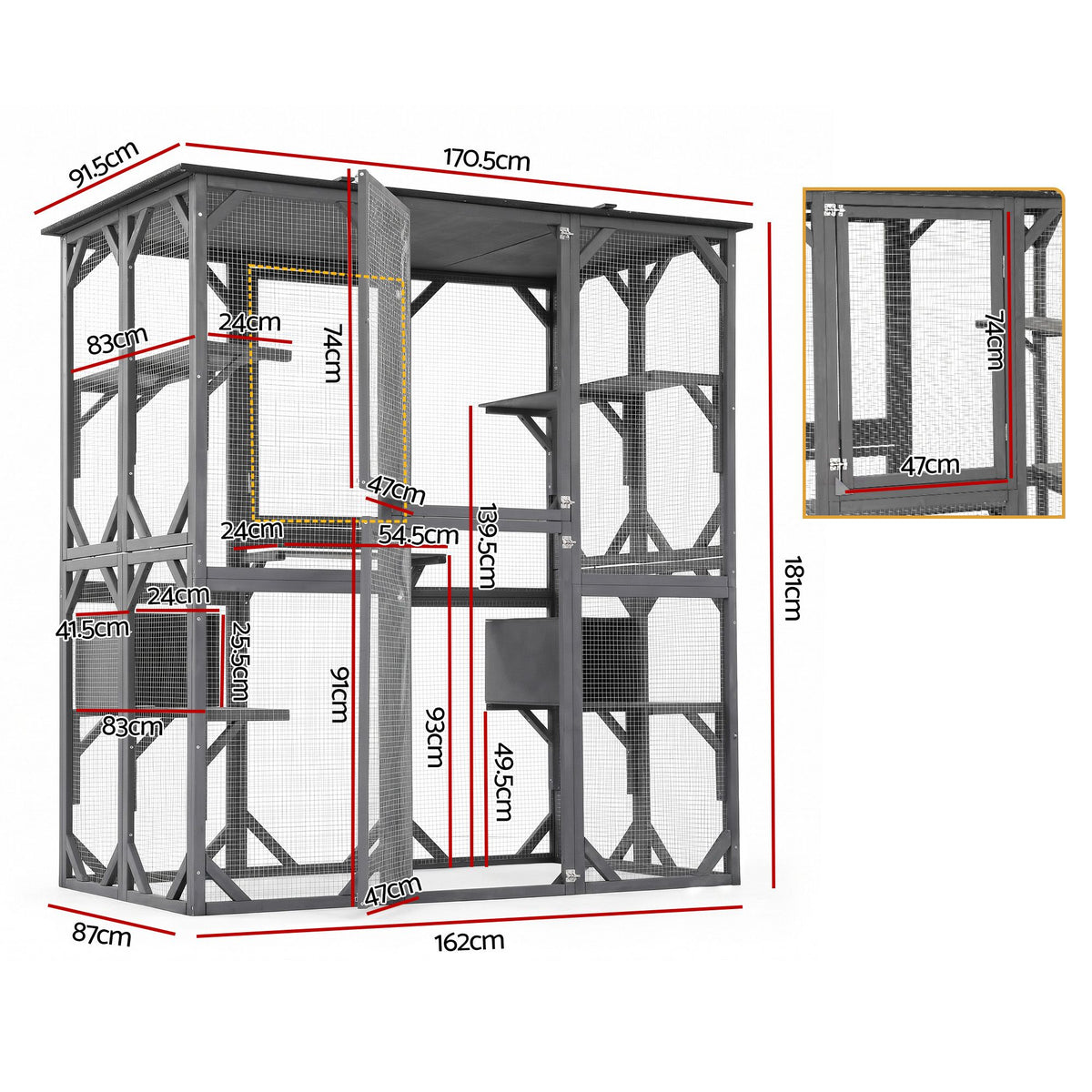 181cm Walk-In Outdoor Catio & Rabbit Hutch (Grey)