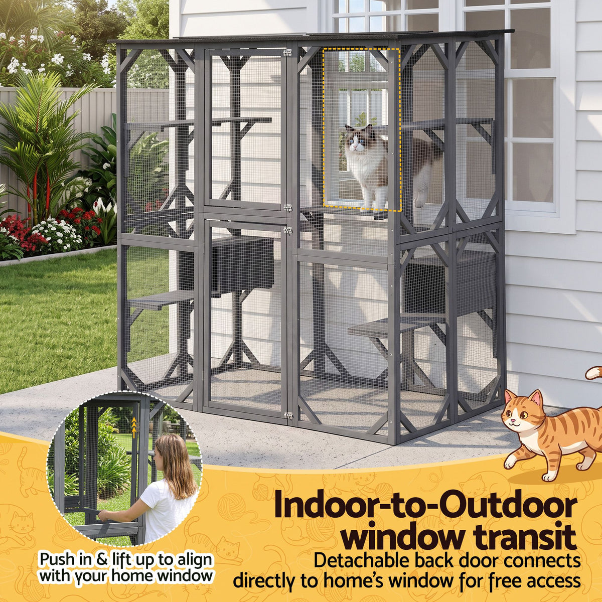 181cm Walk-In Outdoor Catio & Rabbit Hutch (Grey)