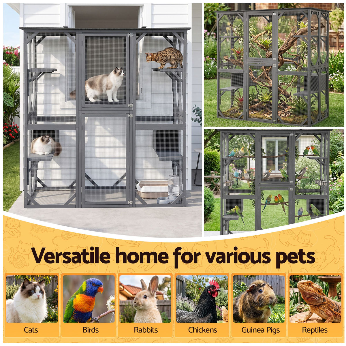 181cm Walk-In Outdoor Catio & Rabbit Hutch (Grey)