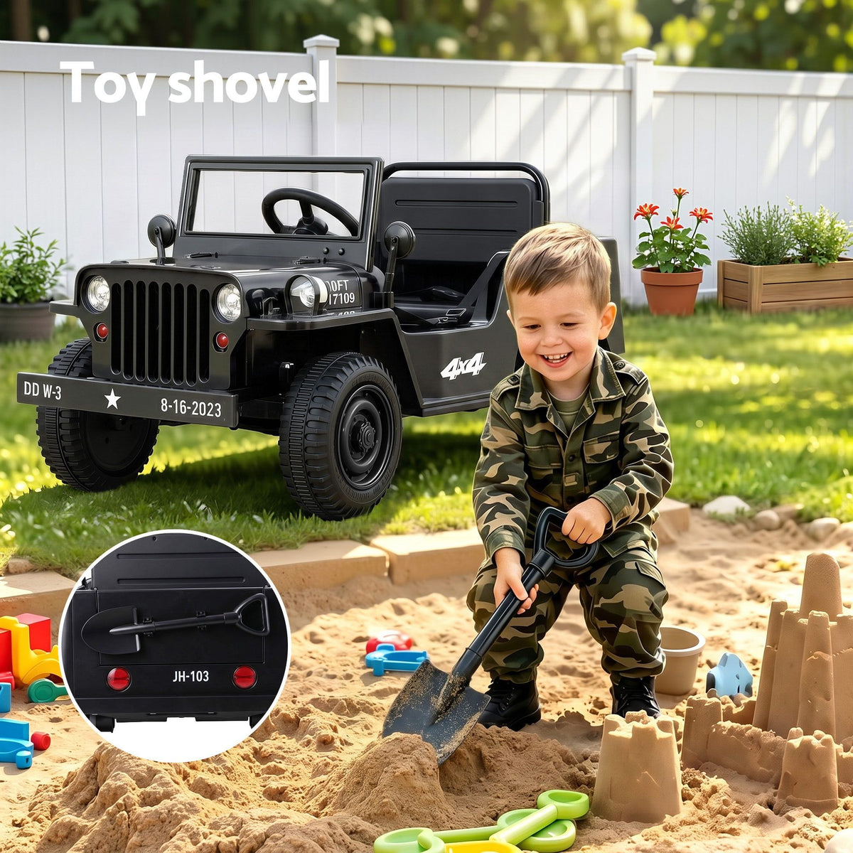 Military Jeep-Style Kids Electric Ride-On Car (Black)