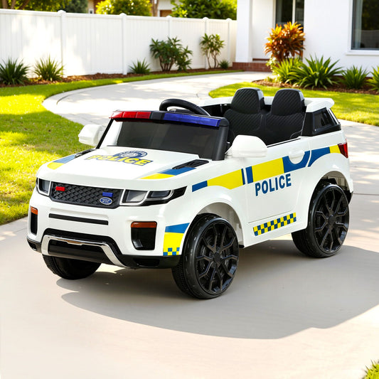 Kids Electric Ride-On Police Car with Horn & Music (White)