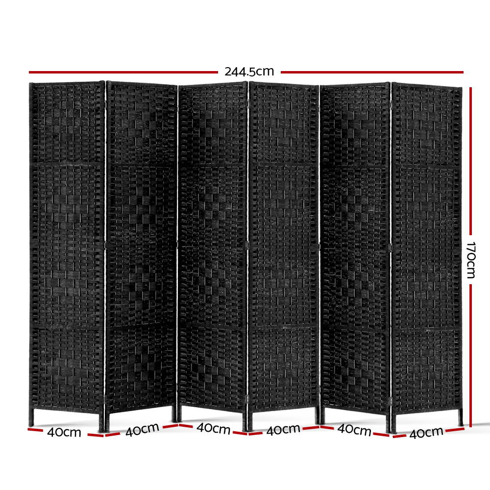 6 Panel Woven Room Divider Screen, 245 x 170cm (Black)