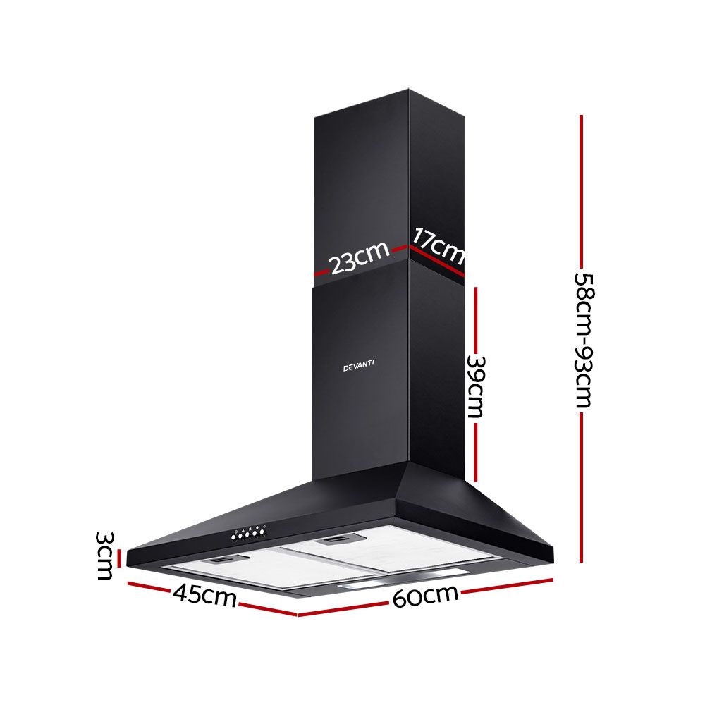 600mm Range Hood 60cm Black Wall Mounted Rangehood Canopy - Brand New