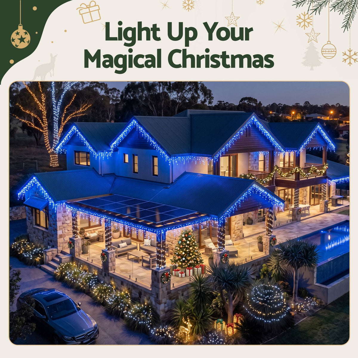 32m Solar Icicle Christmas Lights, 960 LED (Blue)