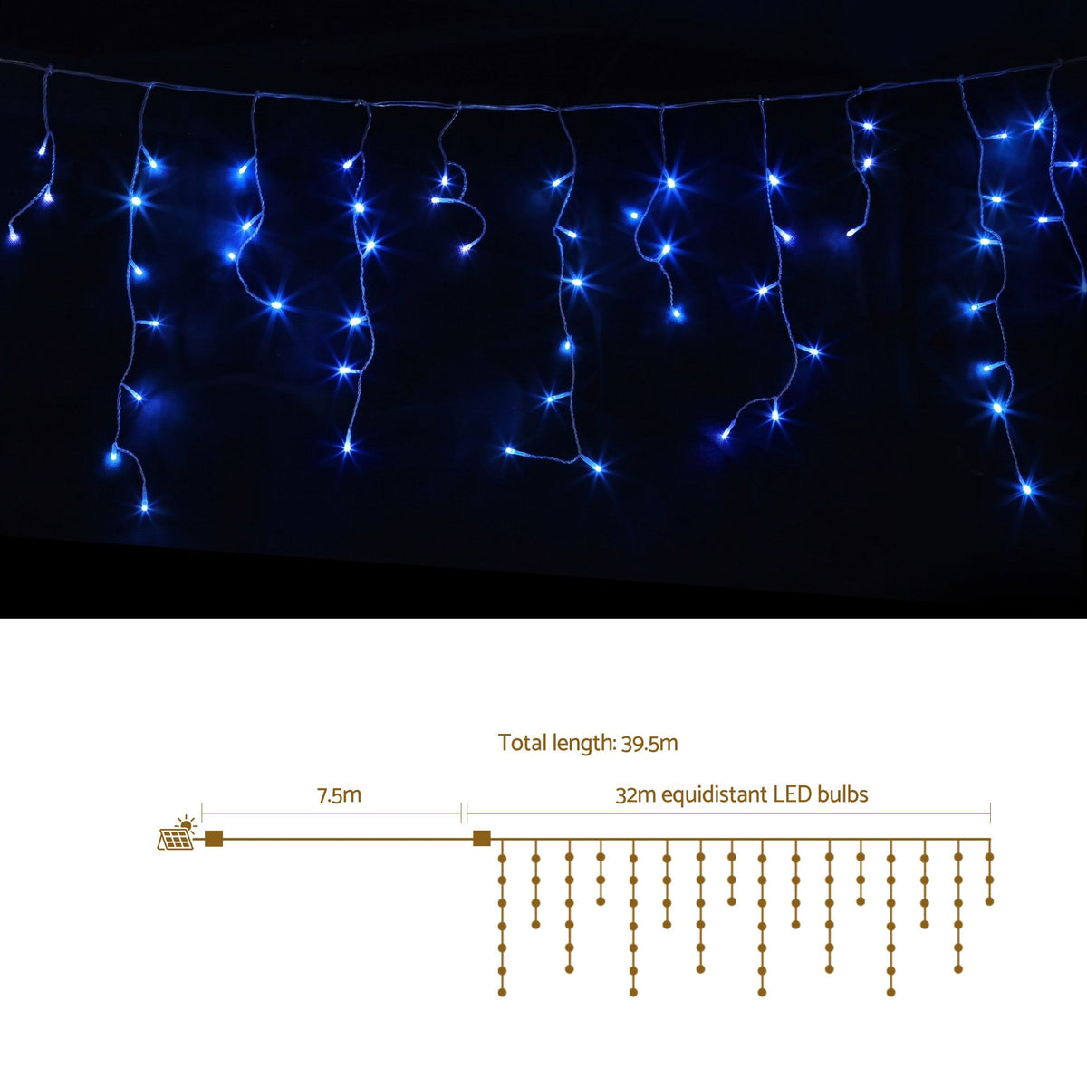 32m Solar Icicle Christmas Lights, 960 LED (Blue)