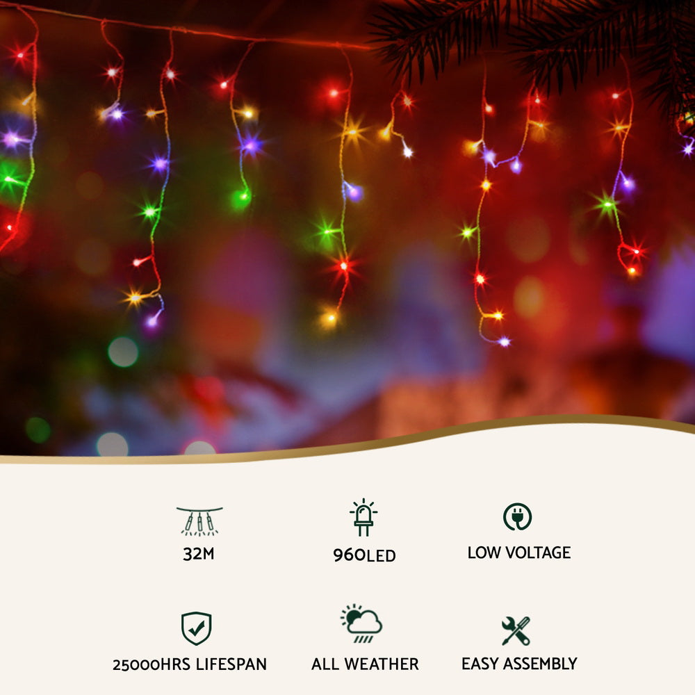 32m Icicle Christmas Lights, 960 LED (Multi-Colour)