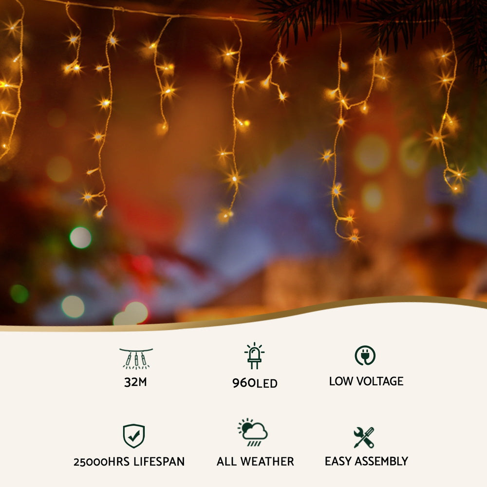 32m Icicle Christmas Lights, 960 LED (Warm White)