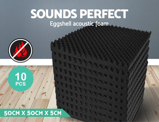 10pcs 50x50x5cm Acoustic Foam Sound Absorption Proofing Panels Eggshell Black