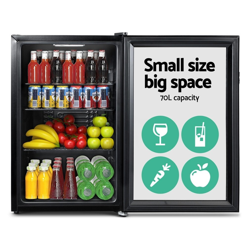 70L Bar Fridge Glass Door with LED Light Black - Brand New
