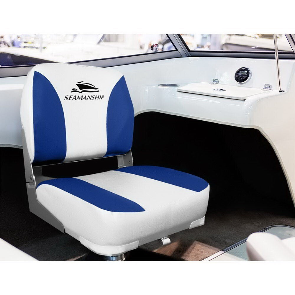 Pair of Folding Boat Seats Marine Swivel Low Back Padded White Blue - Brand New