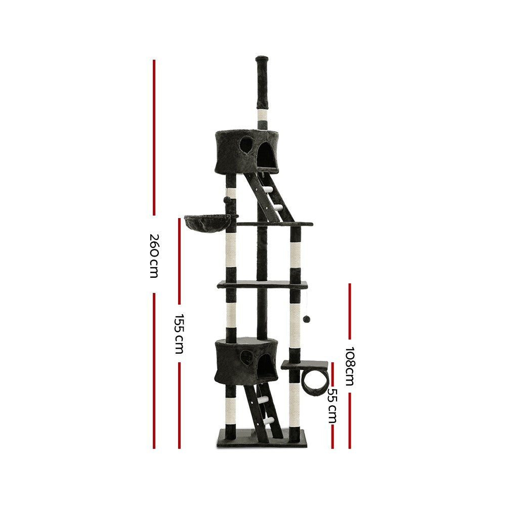 Cat Tree 260cm Tall Tower Scratching Post Condo House Grey - Brand New