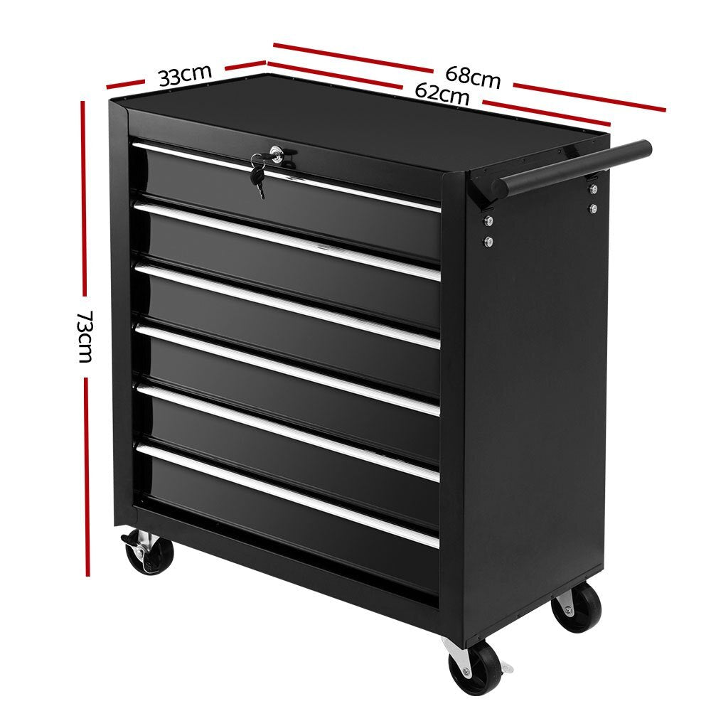 6 Drawer Tool Box Cabinet Trolley on Wheels Lockable Black - Brand New