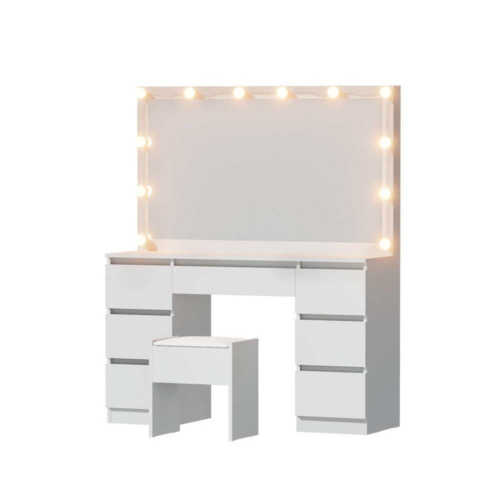 Hollywood Dressing Table with 12 LED Bulb Mirror Stool 7 Drawers White - Brand New