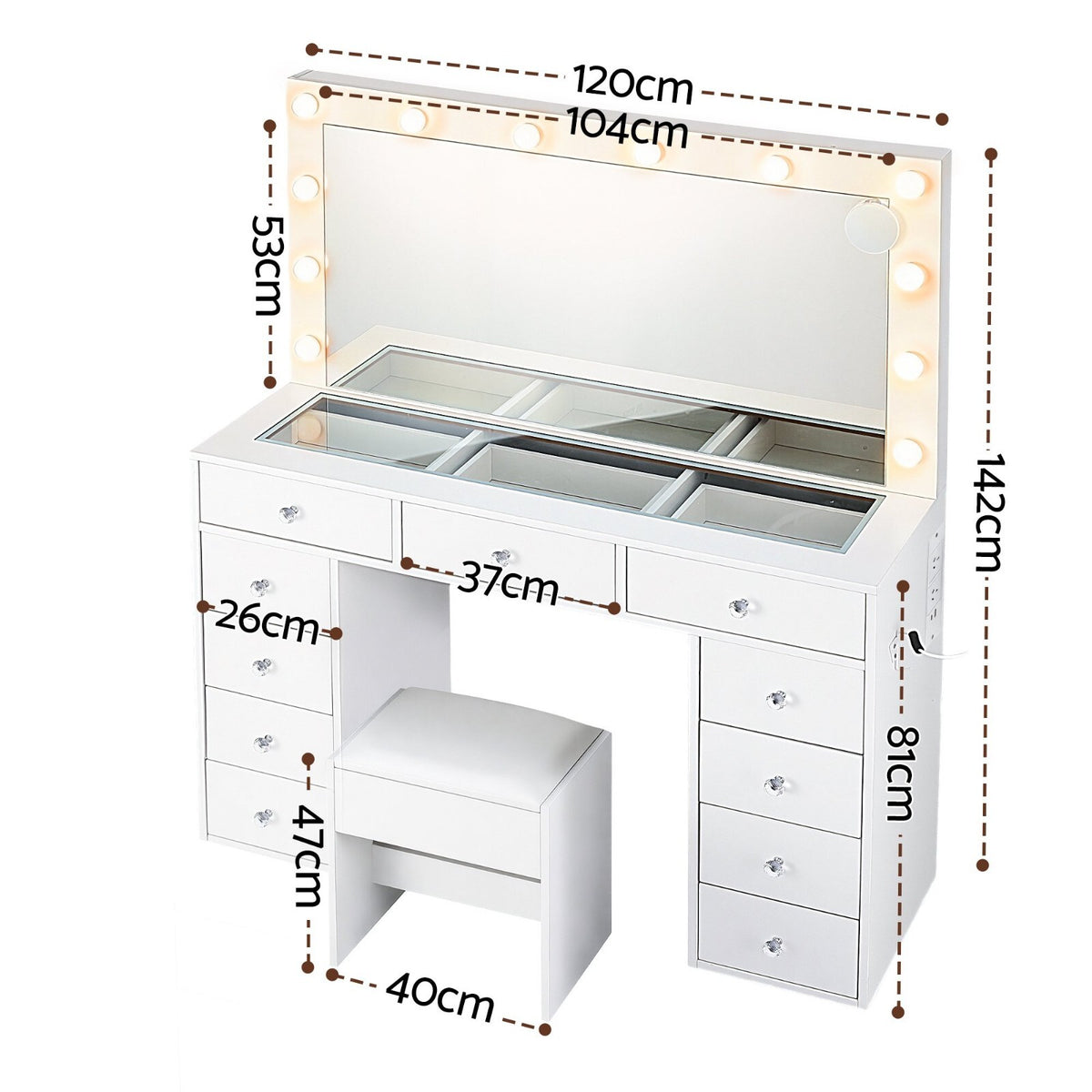 Hollywood Dressing Table Vanity Desk LED Mirror and Stool 11 Drawers White - Brand New