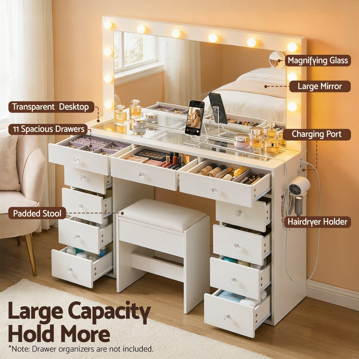 Hollywood Dressing Table Vanity Desk LED Mirror and Stool 11 Drawers White - Brand New