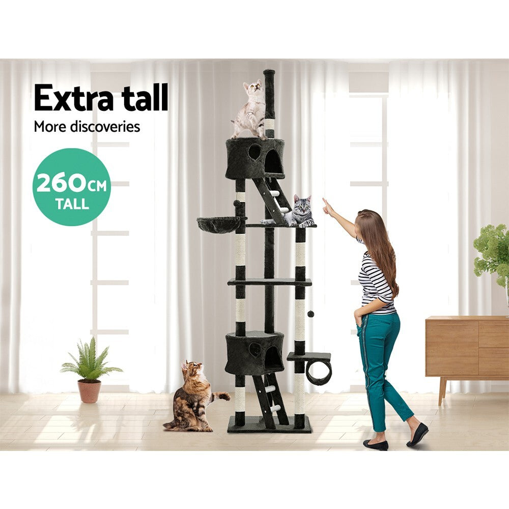 Cat Tree 260cm Tall Tower Scratching Post Condo House Grey - Brand New