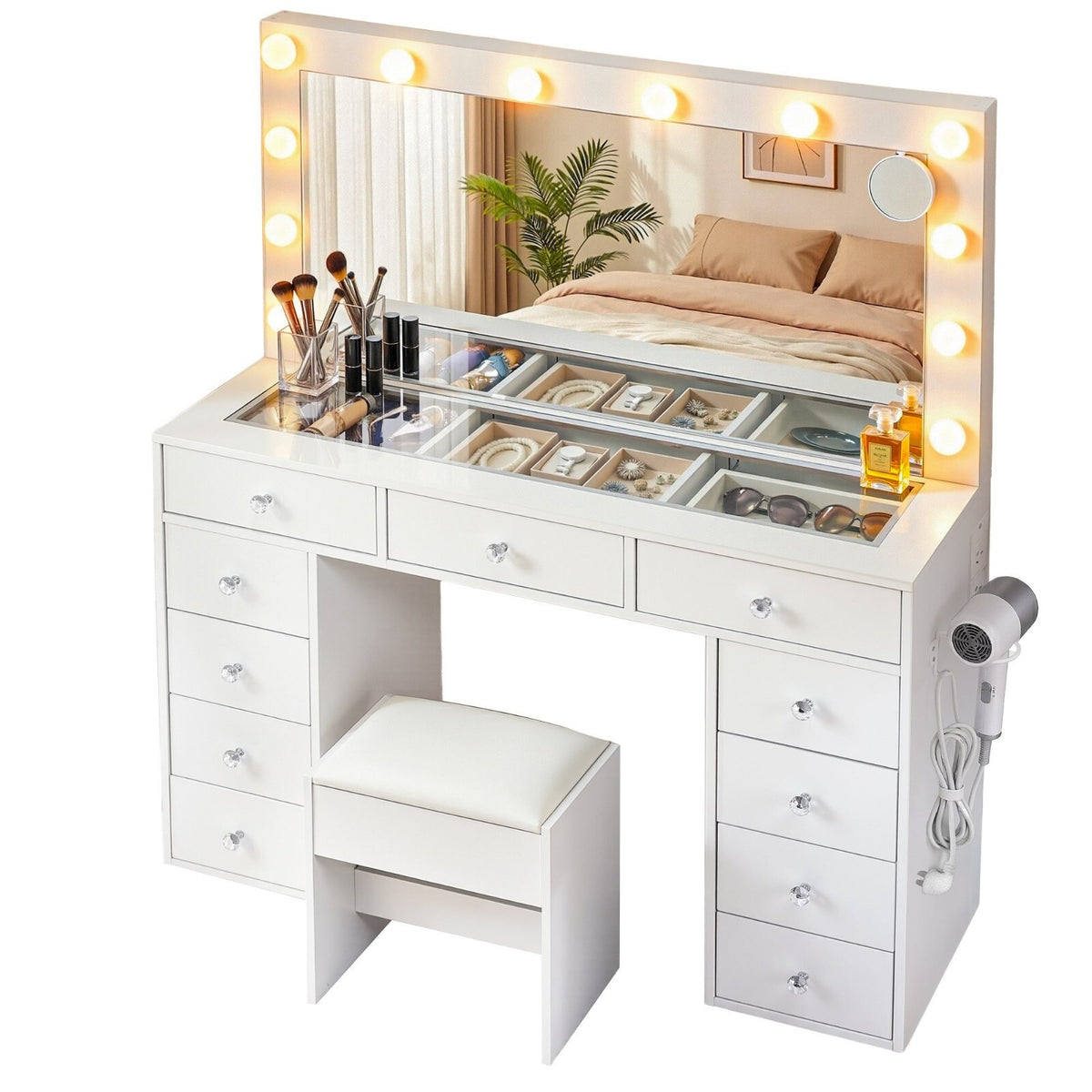 Hollywood Dressing Table Vanity Desk LED Mirror and Stool 11 Drawers White - Brand New