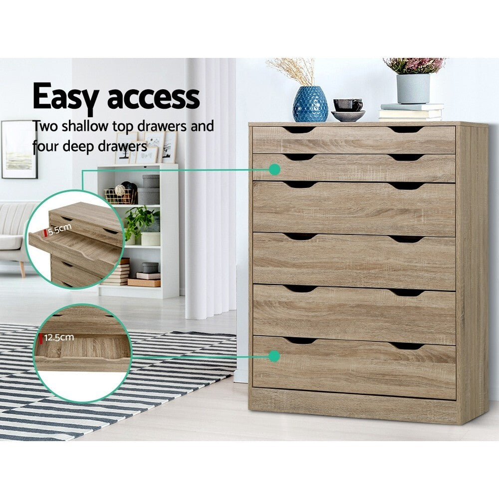 6 Chest of Drawers Tallboy Oak - Bedroom Storage Dresser - Brand New