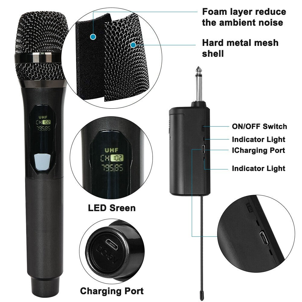 2x Wireless Microphones UHF Handheld Karaoke Mic Set with Receiver - Brand New