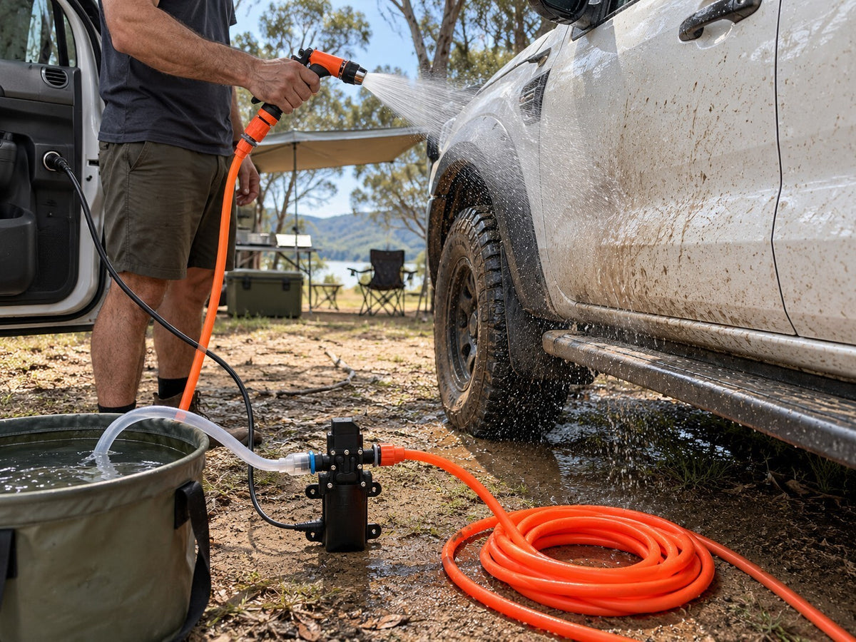12V Portable Car Wash Pump Kit Spray Gun Hose Caravan RV - Brand New