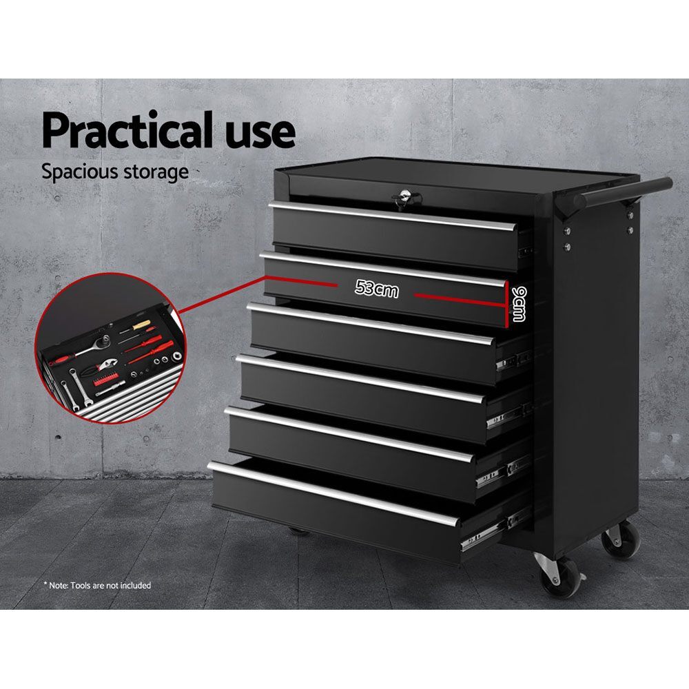 6 Drawer Tool Box Cabinet Trolley on Wheels Lockable Black - Brand New