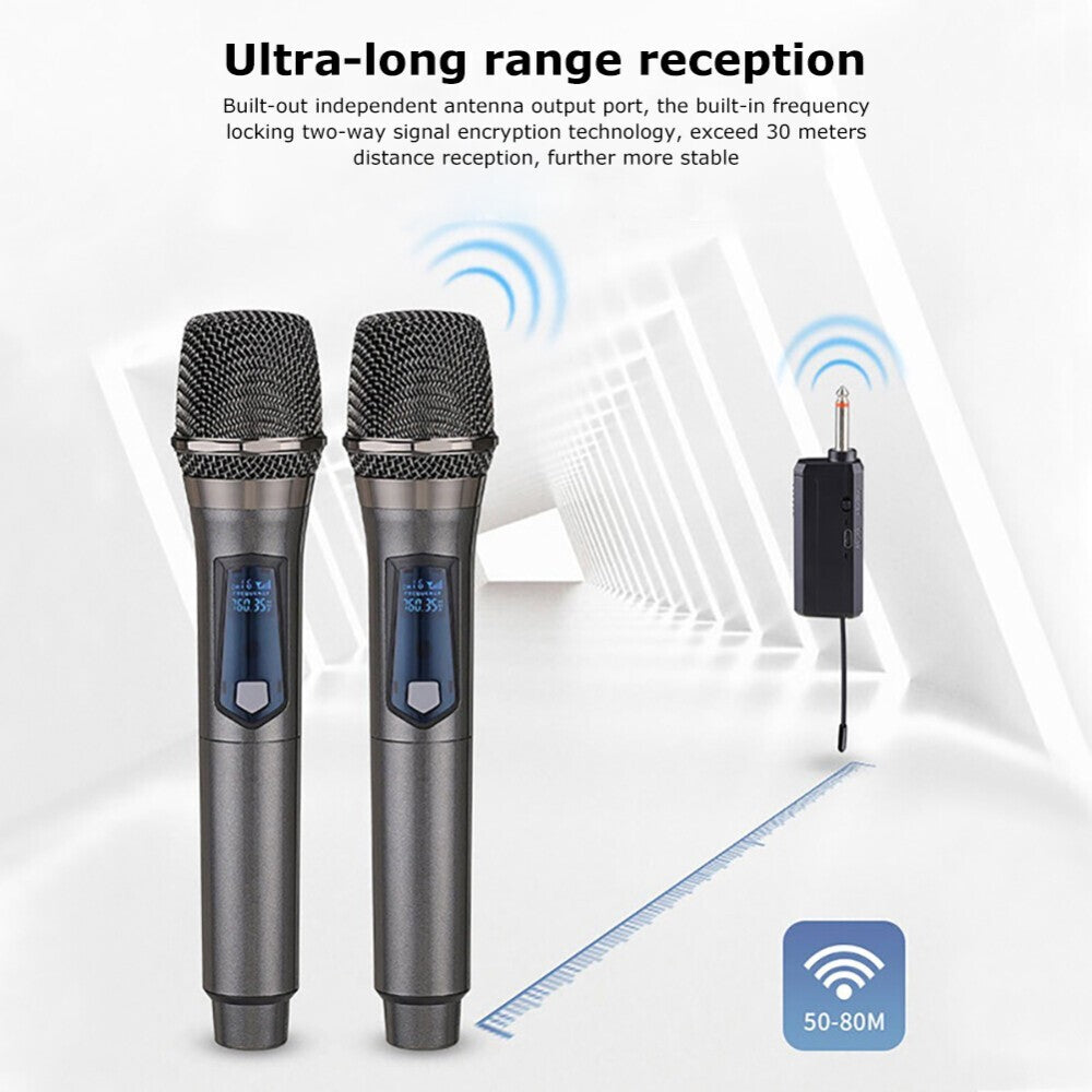 2x Wireless Microphones UHF Handheld Karaoke Mic Set with Receiver - Brand New
