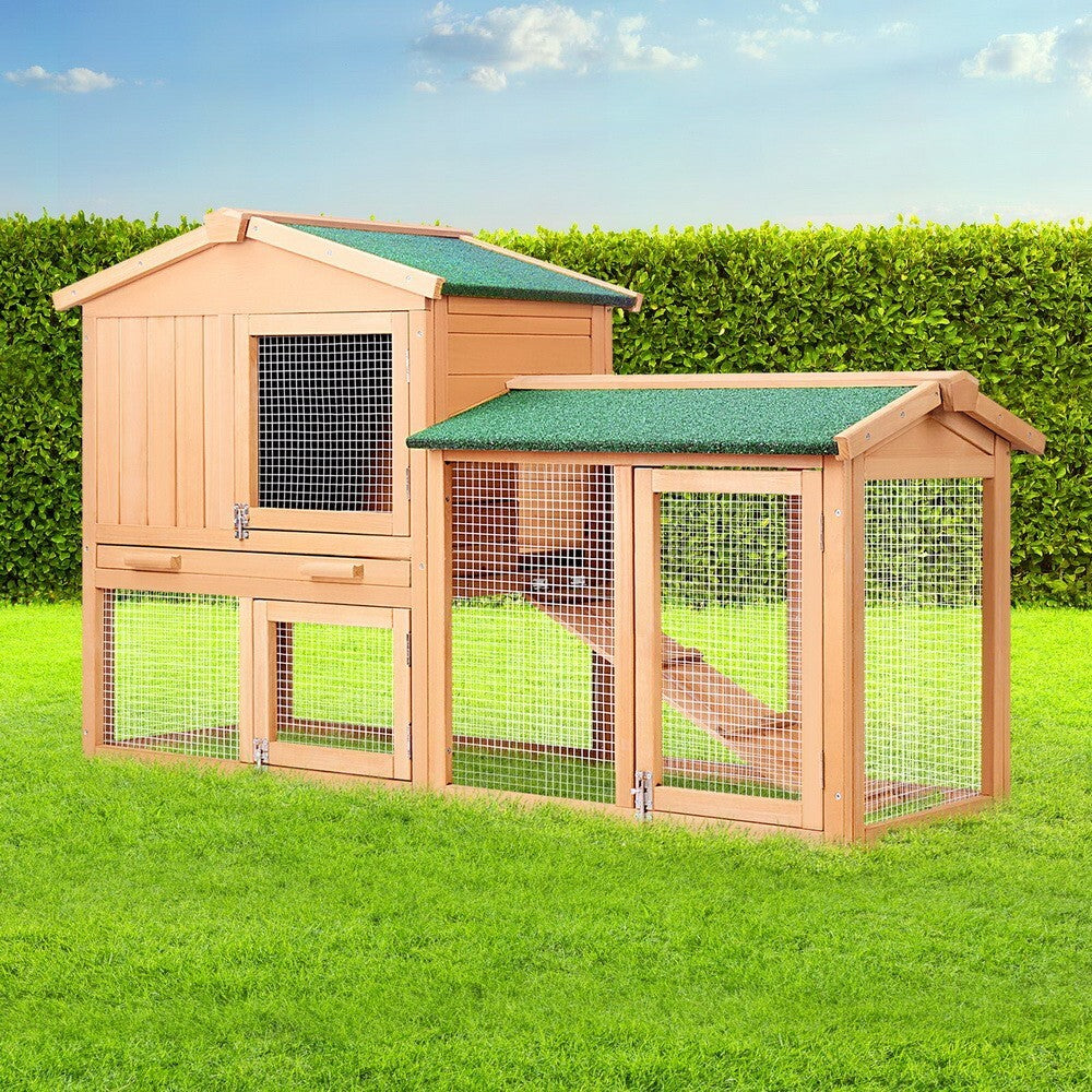 Large Wooden Rabbit Hutch Chicken Coop 138cm Two Storey with Run - Brand New