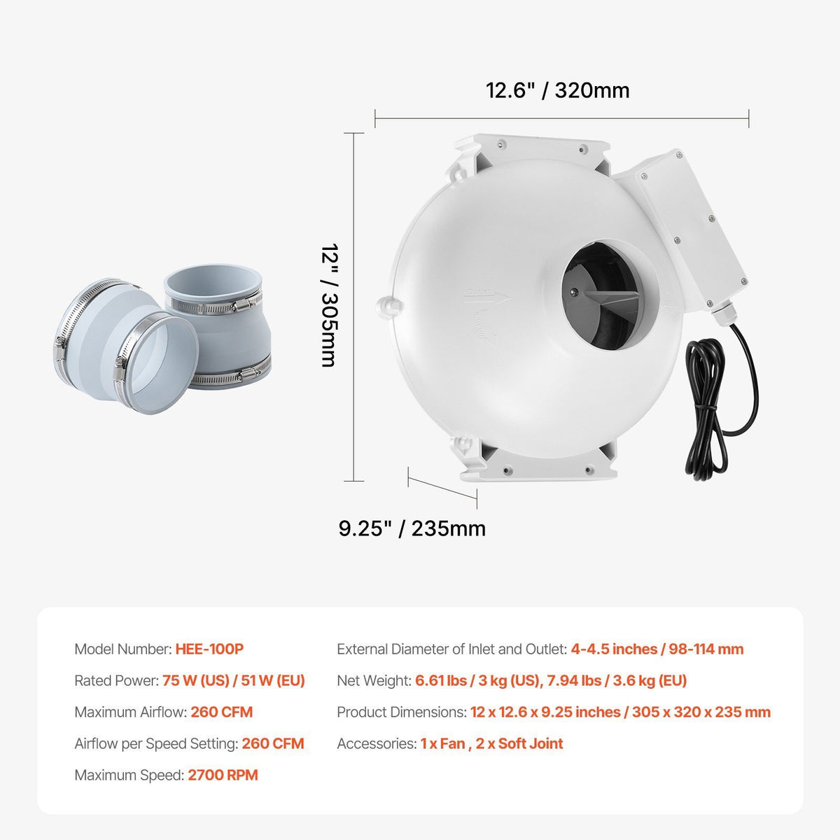 Quiet Inline Duct Fan 4 Inch 240V Radon Ventilation Exhaust 260CFM - Brand New