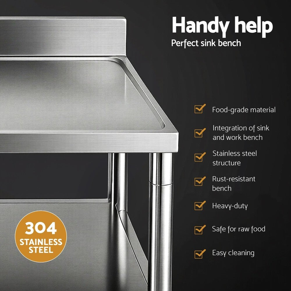 Stainless Steel Kitchen Bench Work Table with Sink Splashback 120cm - Brand New