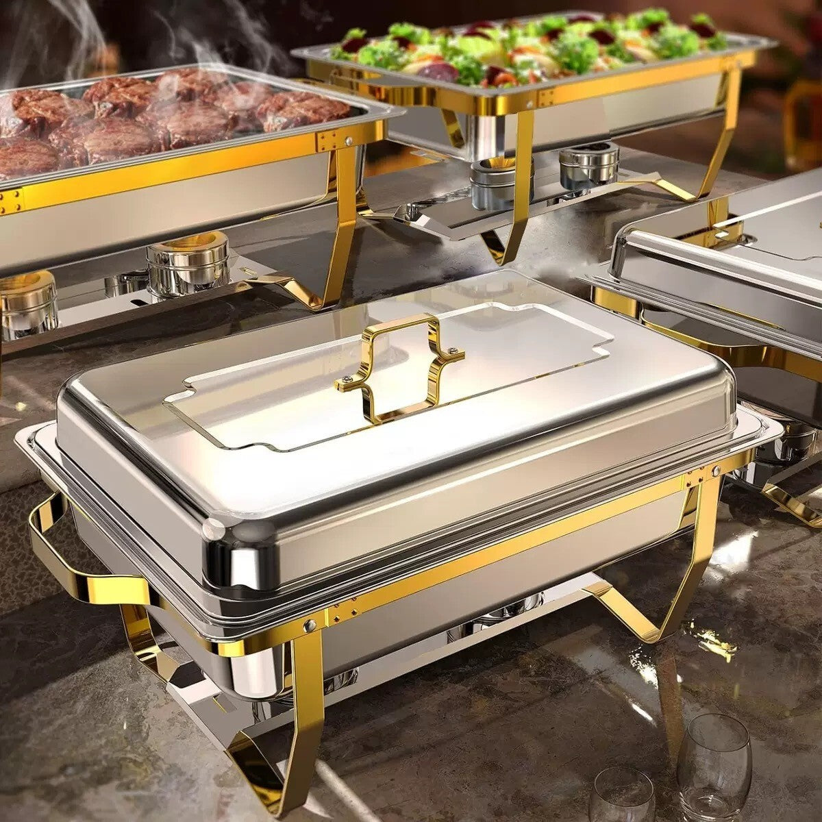 Stainless Steel Chafing Dish Buffet Food Warmer 11L Gold Stand - Brand New