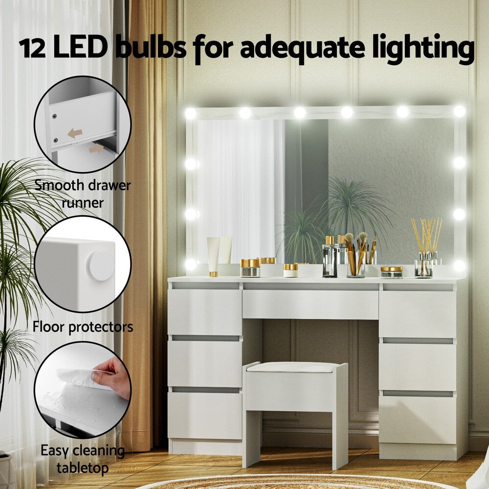 Hollywood Dressing Table with 12 LED Bulb Mirror Stool 7 Drawers White - Brand New