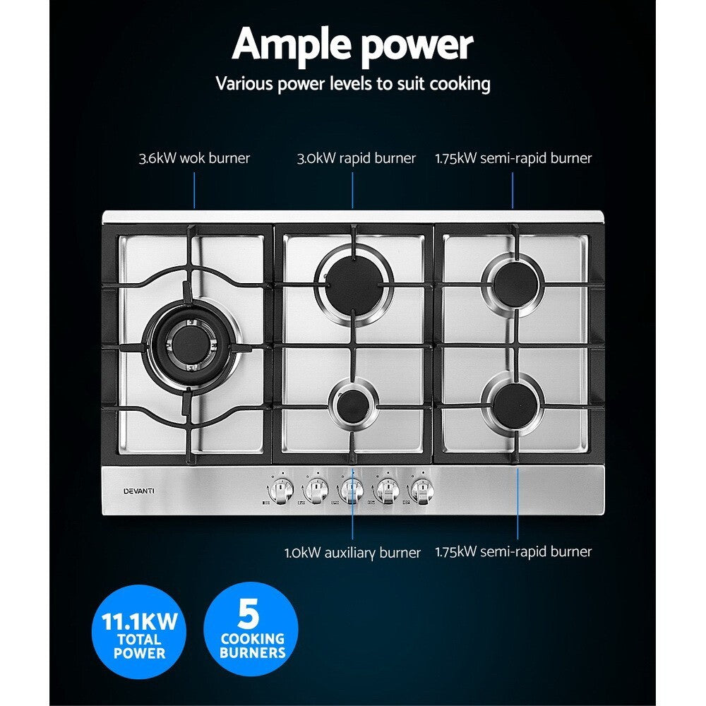 90cm Gas Cooktop 5 Burner Stainless Steel with Wok Burner - Brand New