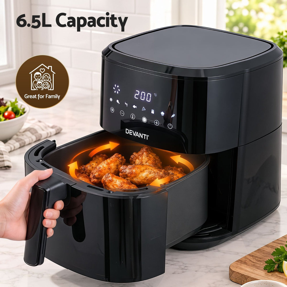 6.5L Air Fryer 1700W Digital Touch 8 Presets Black - Brand New
