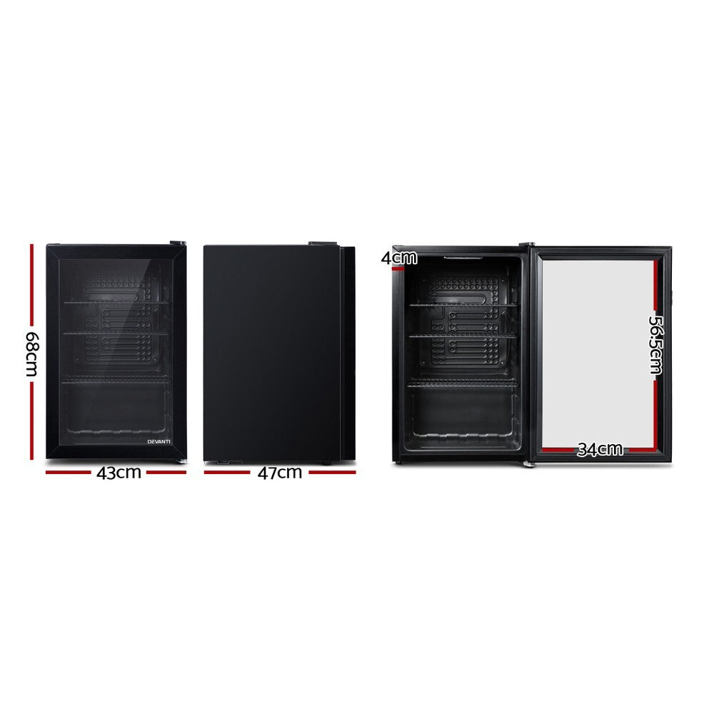 70L Bar Fridge Glass Door with LED Light Black - Brand New