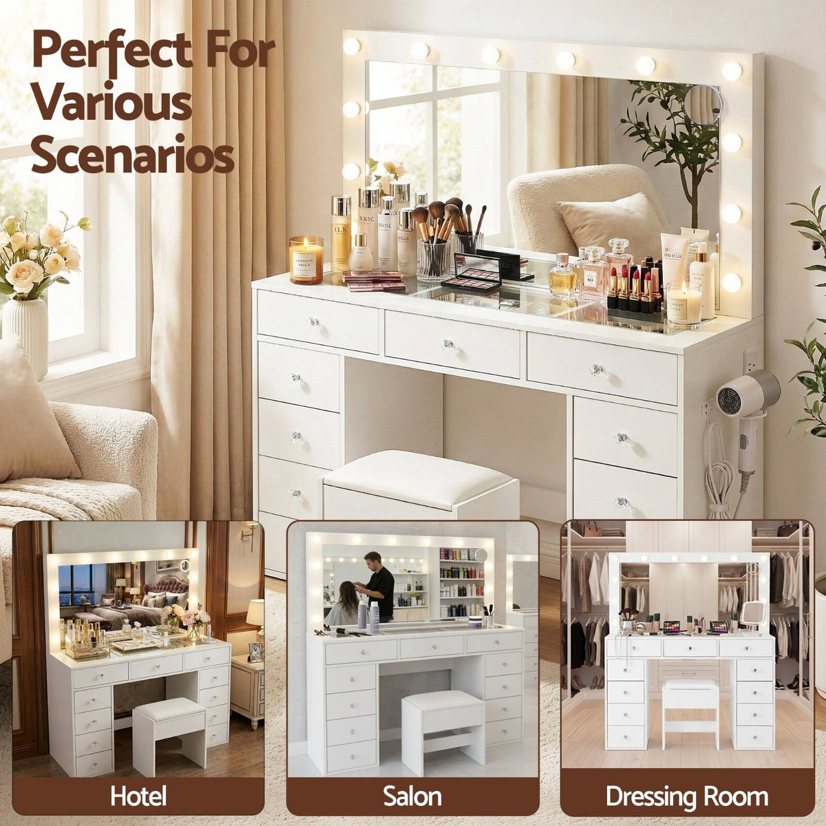 Hollywood Dressing Table Vanity Desk LED Mirror and Stool 11 Drawers White - Brand New