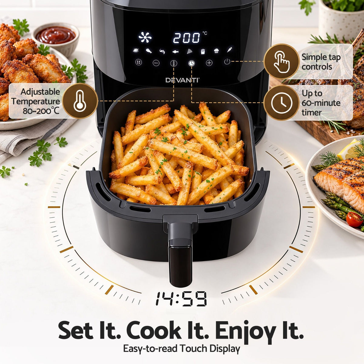 6.5L Air Fryer 1700W Digital Touch 8 Presets Black - Brand New