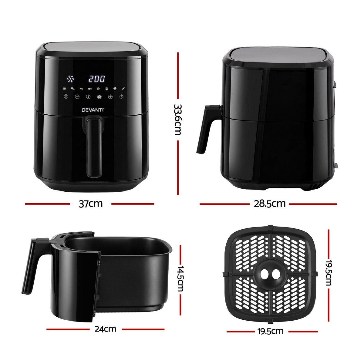 6.5L Air Fryer 1700W Digital Touch 8 Presets Black - Brand New