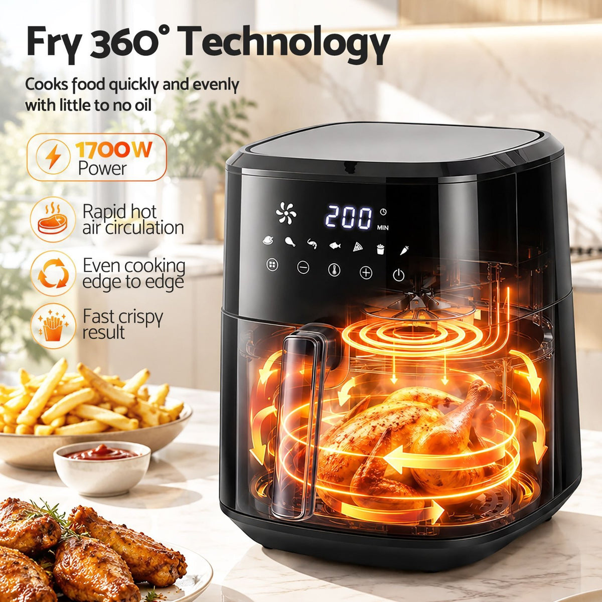6.5L Air Fryer 1700W Digital Touch 8 Presets Black - Brand New