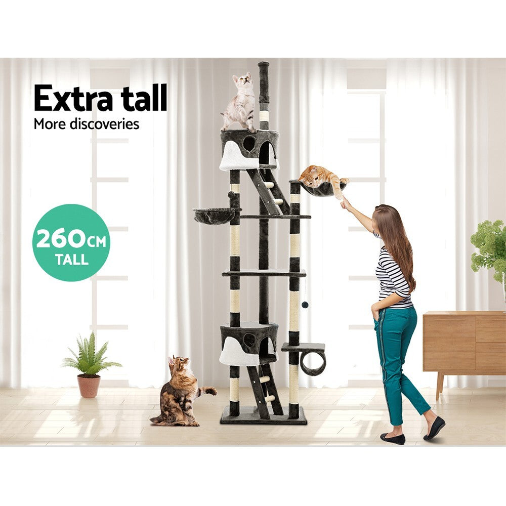 Cat Tree 260cm Tall Tower Scratching Post Condo House Grey - Brand New