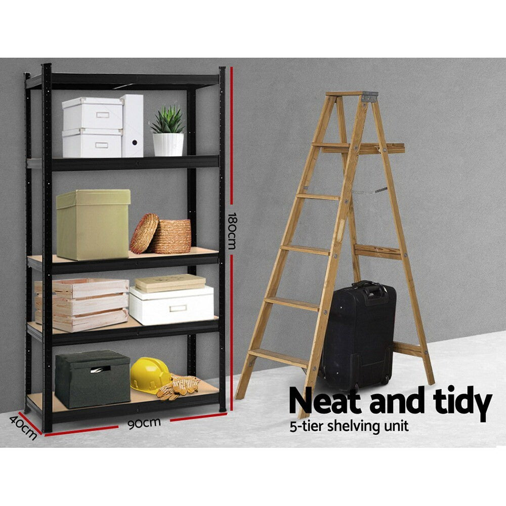 5 Tier Steel Shelving 1.8m Garage Storage Rack Shelves 1000kg Black - Brand New
