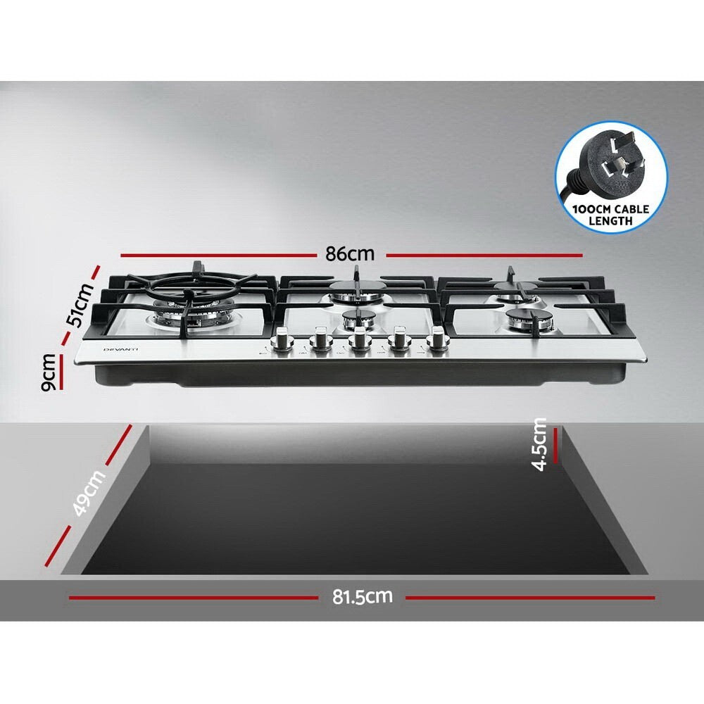 90cm Gas Cooktop 5 Burner Stainless Steel with Wok Burner - Brand New