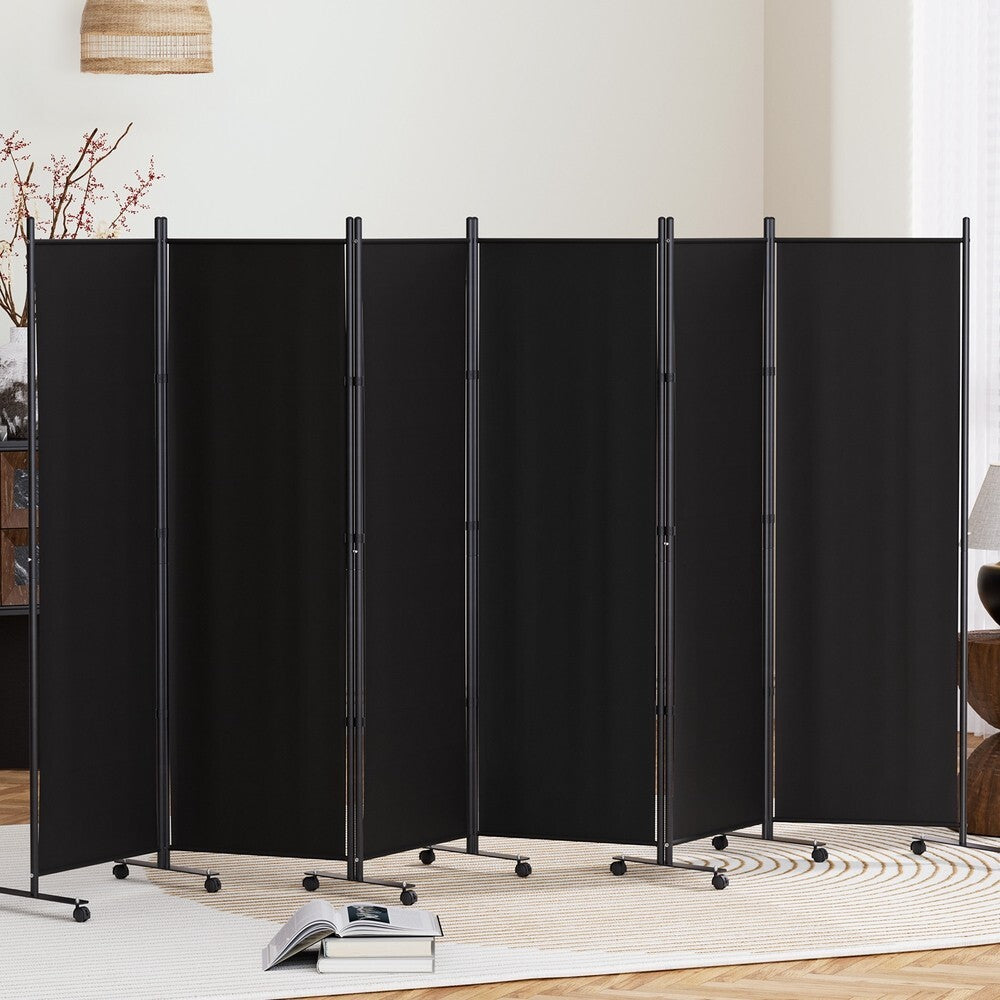 6 Panel Room Divider Screen on Wheels 323cm Black - Brand New