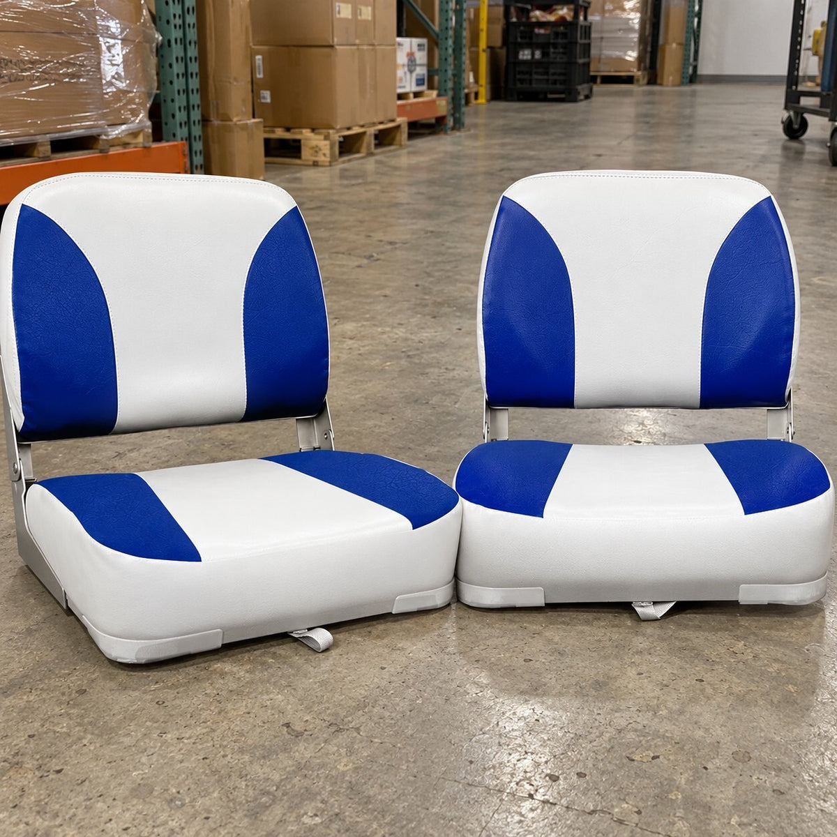 Pair of Folding Boat Seats Marine Swivel Low Back Padded White Blue - Brand New