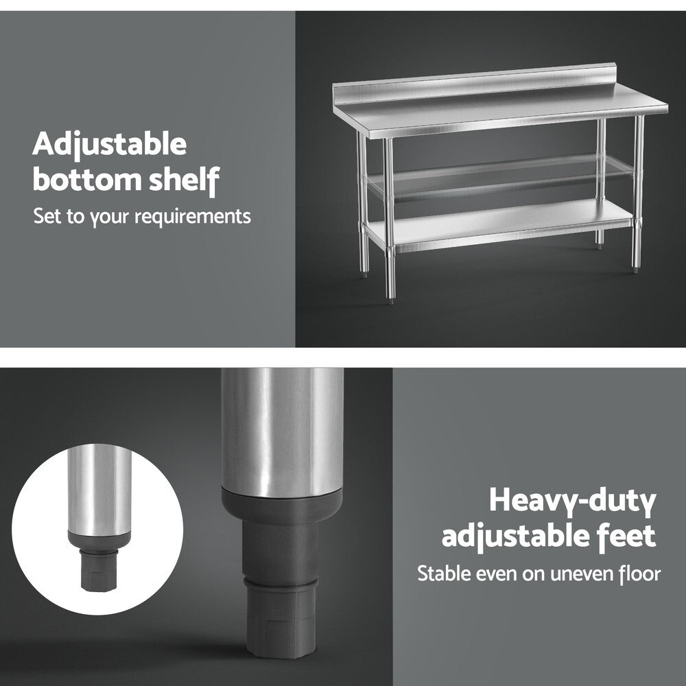 Stainless Steel Kitchen Bench with Splashback 1500 x 600mm Prep Table - Brand New