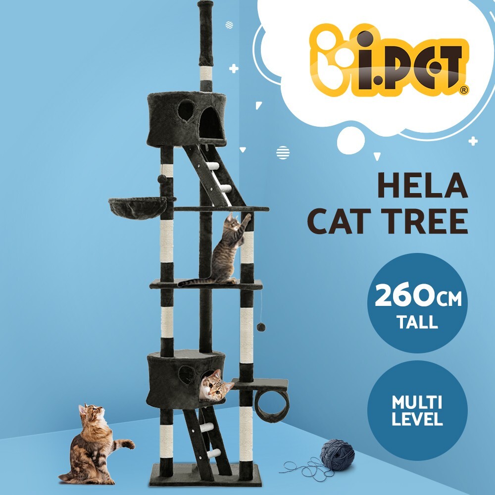 Cat Tree 260cm Tall Tower Scratching Post Condo House Grey - Brand New