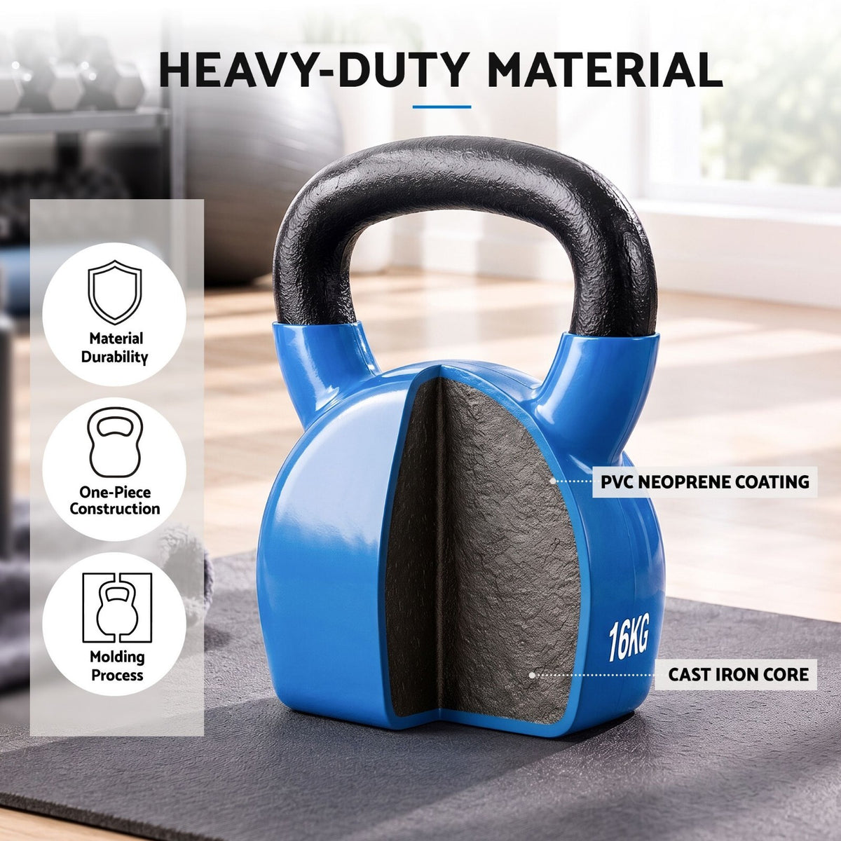 16kg Cast Iron Kettlebell Blue PVC Coated - Brand New
