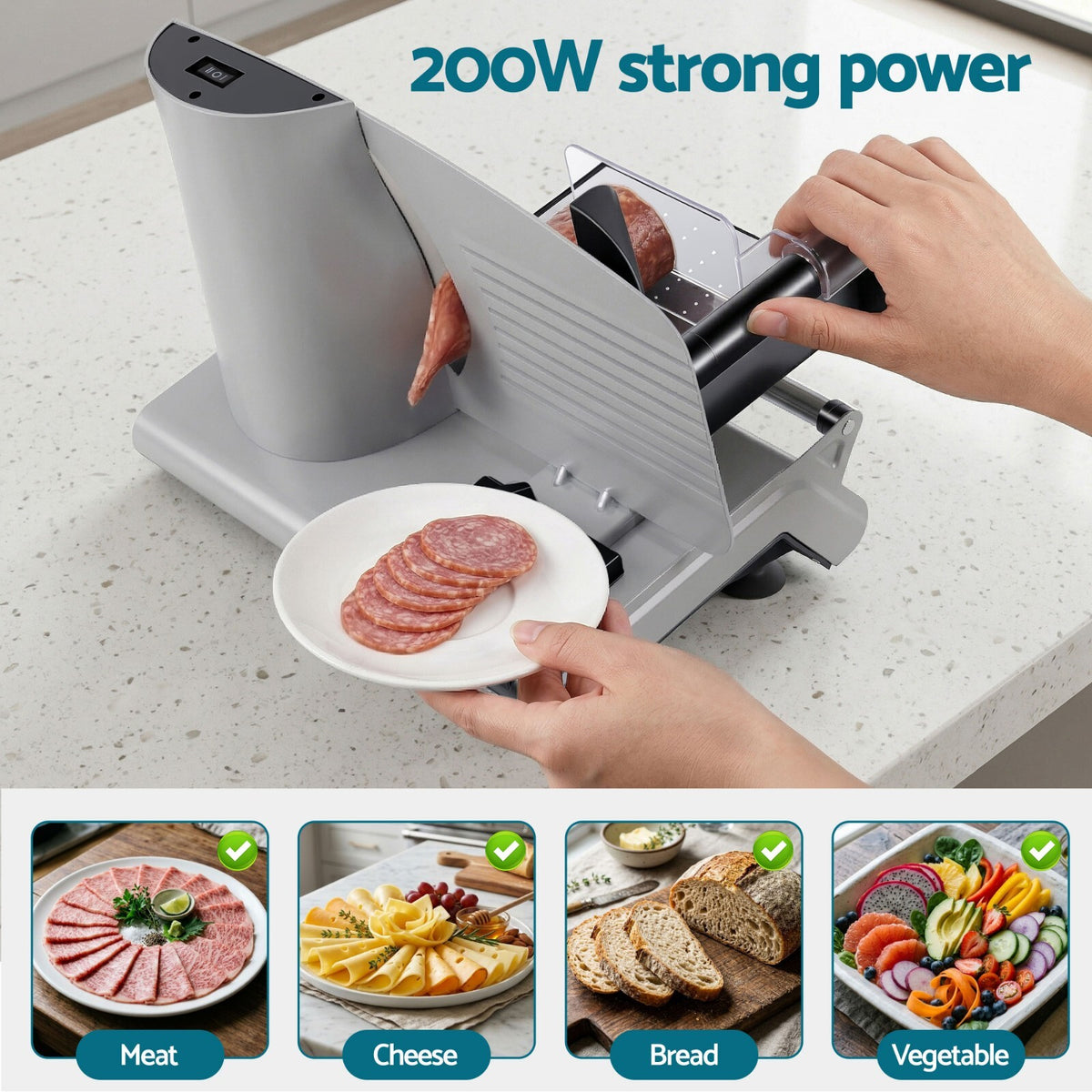 Electric Food Slicer 200W Meat Bread Vegetable 0-15mm Adjustable Stainless Blade - Brand New